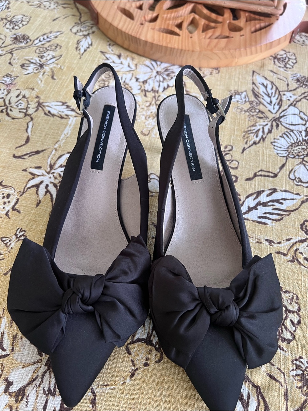 French Connection Black Bow Pointed Slingback Flats